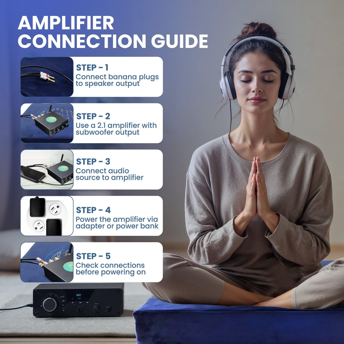 Person experiencing deep relaxation using the vibroacoustic therapy meditation cushion for stress relief and mindfulness.