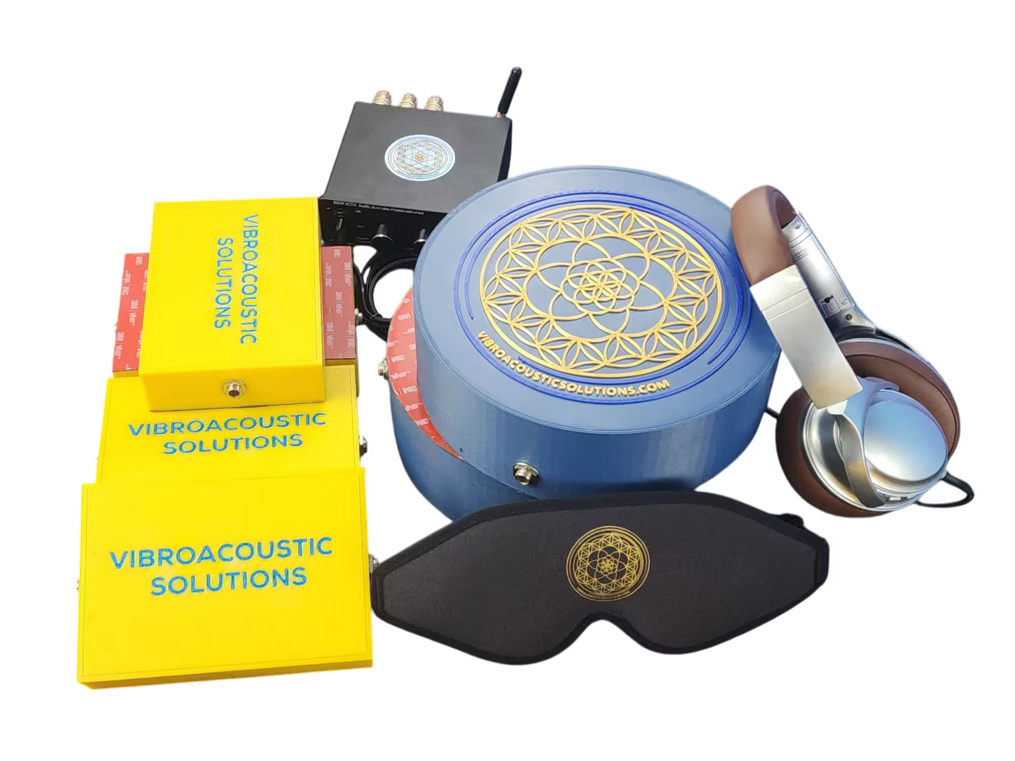 Vibroacoustic Solutions - vibroacoustic therapy equipment including a vibroacoustic therapy device, headphones, and a sleep mask, showcasing innovative wellness solutions for relaxation and therapeutic experiences.