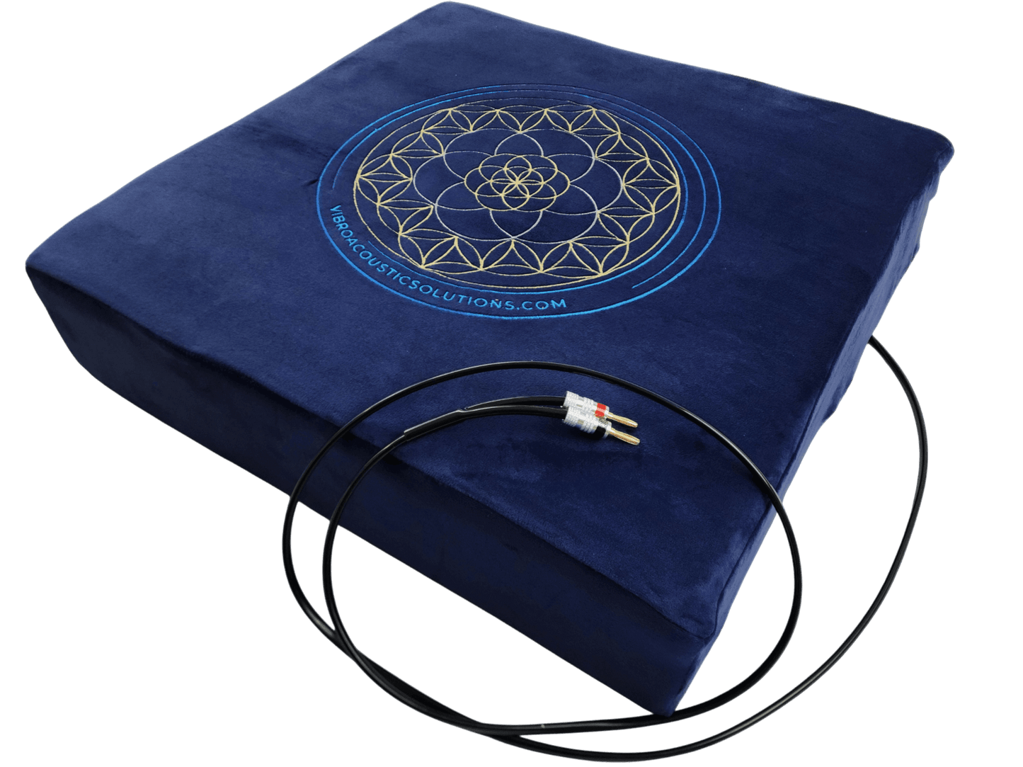 Navy blue vibroacoustic meditation cushion kit with quad transducers, for stress relief.