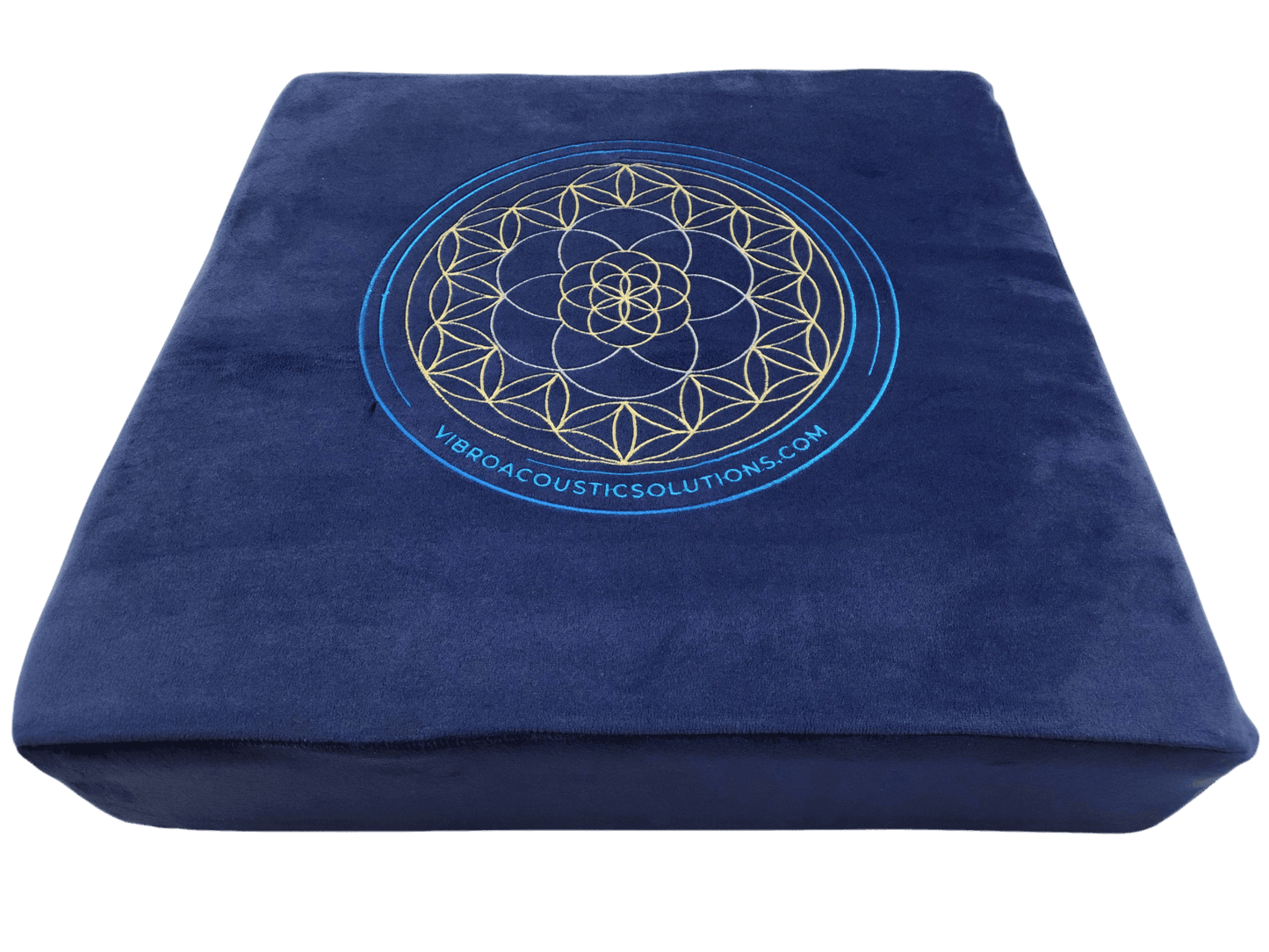 Close-up of large vibroacoustic therapy meditation cushion showcasing memory foam comfort and tactile transducer placement.