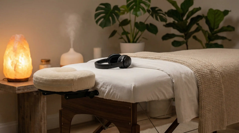 A wooden massage table converted into a DIY vibroacoustic bed using tactile sound healing transducers attached underneath the frame