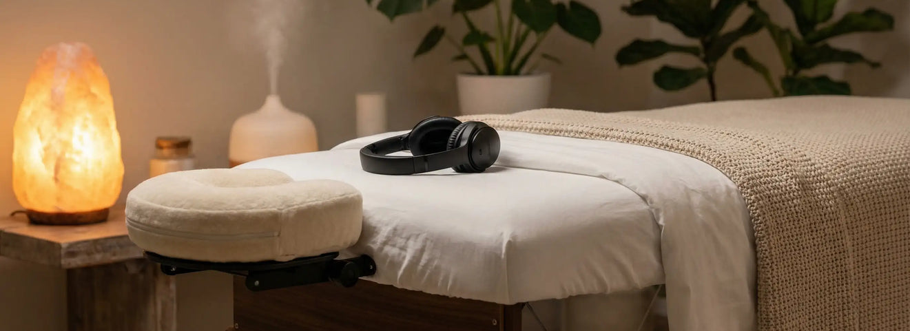 A wooden massage table converted into a DIY vibroacoustic bed using tactile sound healing transducers attached underneath the frame