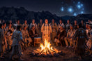 Ultra-sharp documentary photo of a main female Lakota vocalist with a choir and tribe, wearing a traditional dentalium shell dress, during a ceremonial fire chant under a dark night sky showing the realistic Seven Sisters Pleiades star cluster.