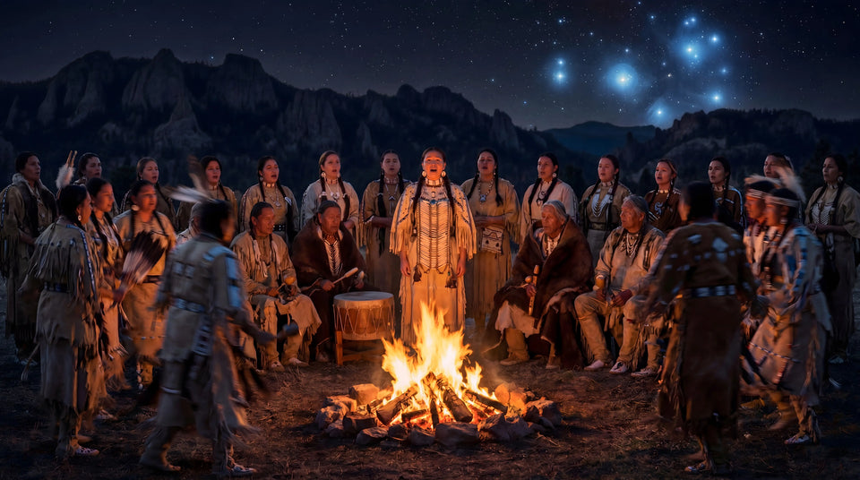 Ultra-sharp documentary photo of a main female Lakota vocalist with a choir and tribe, wearing a traditional dentalium shell dress, during a ceremonial fire chant under a dark night sky showing the realistic Seven Sisters Pleiades star cluster.