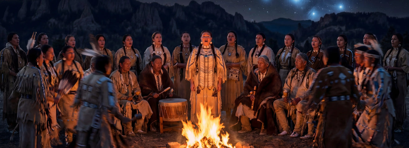 Ultra-sharp documentary photo of a main female Lakota vocalist with a choir and tribe, wearing a traditional dentalium shell dress, during a ceremonial fire chant under a dark night sky showing the realistic Seven Sisters Pleiades star cluster.