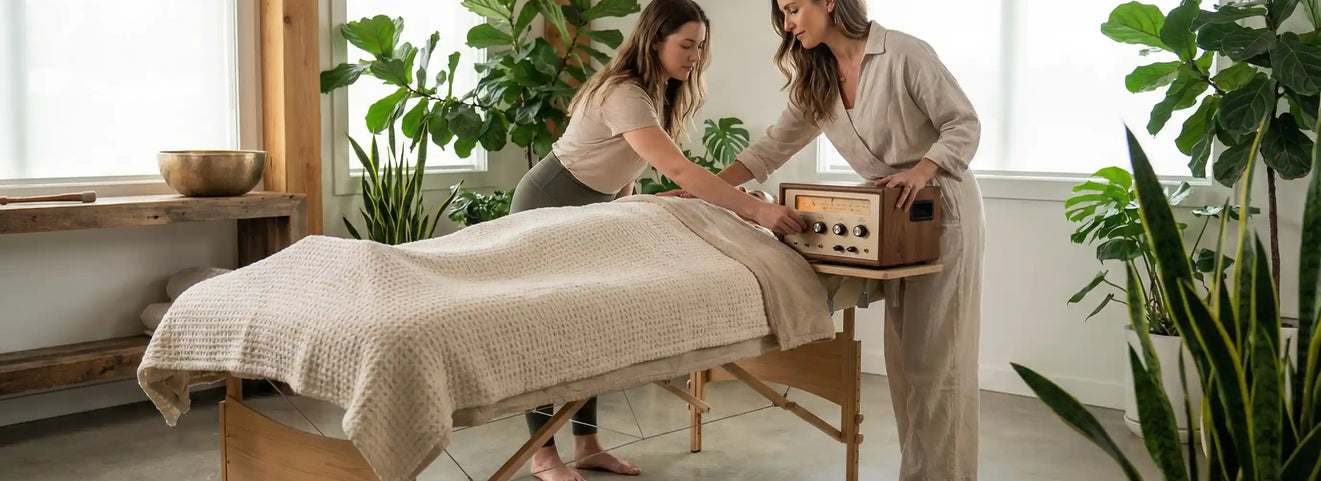 A professional sound healing instructor demonstrating how to use a vibroacoustic therapy amplifier and massage table to a student in a serene wellness studio.