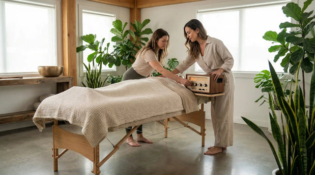 A professional sound healing instructor demonstrating how to use a vibroacoustic therapy amplifier and massage table to a student in a serene wellness studio.