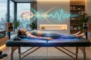 A woman resting deeply on a vibroacoustic therapy bed in a calming, dimly lit room, with visual graphics illustrating therapeutic sound waves soothing her musculoskeletal system and promoting sleep-inducing brainwave entrainment.