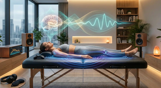 A woman resting deeply on a vibroacoustic therapy bed in a calming, dimly lit room, with visual graphics illustrating therapeutic sound waves soothing her musculoskeletal system and promoting sleep-inducing brainwave entrainment.