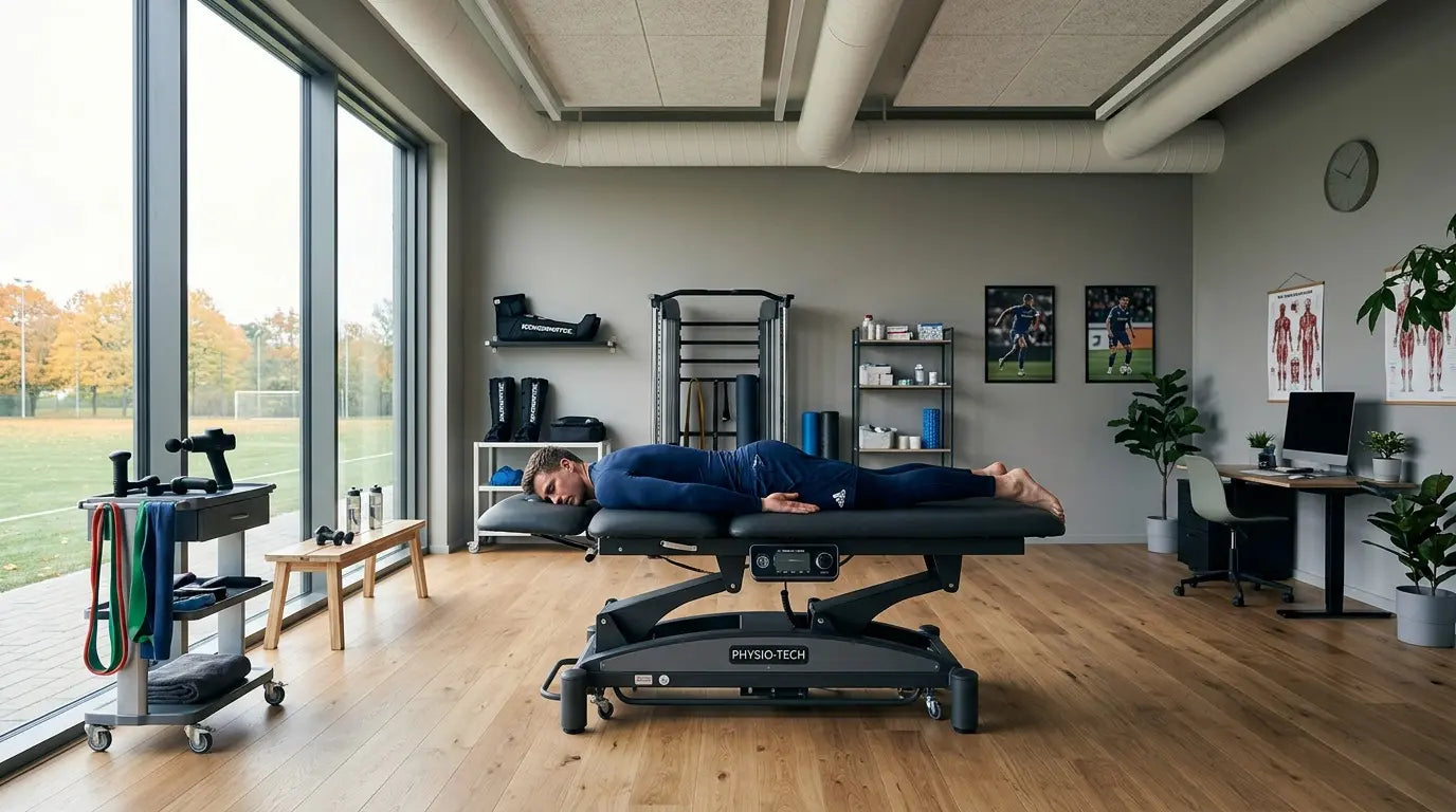 An athlete relaxing on a professional vibroacoustic therapy table in a modern sports recovery clinic, experiencing somatic grounding.