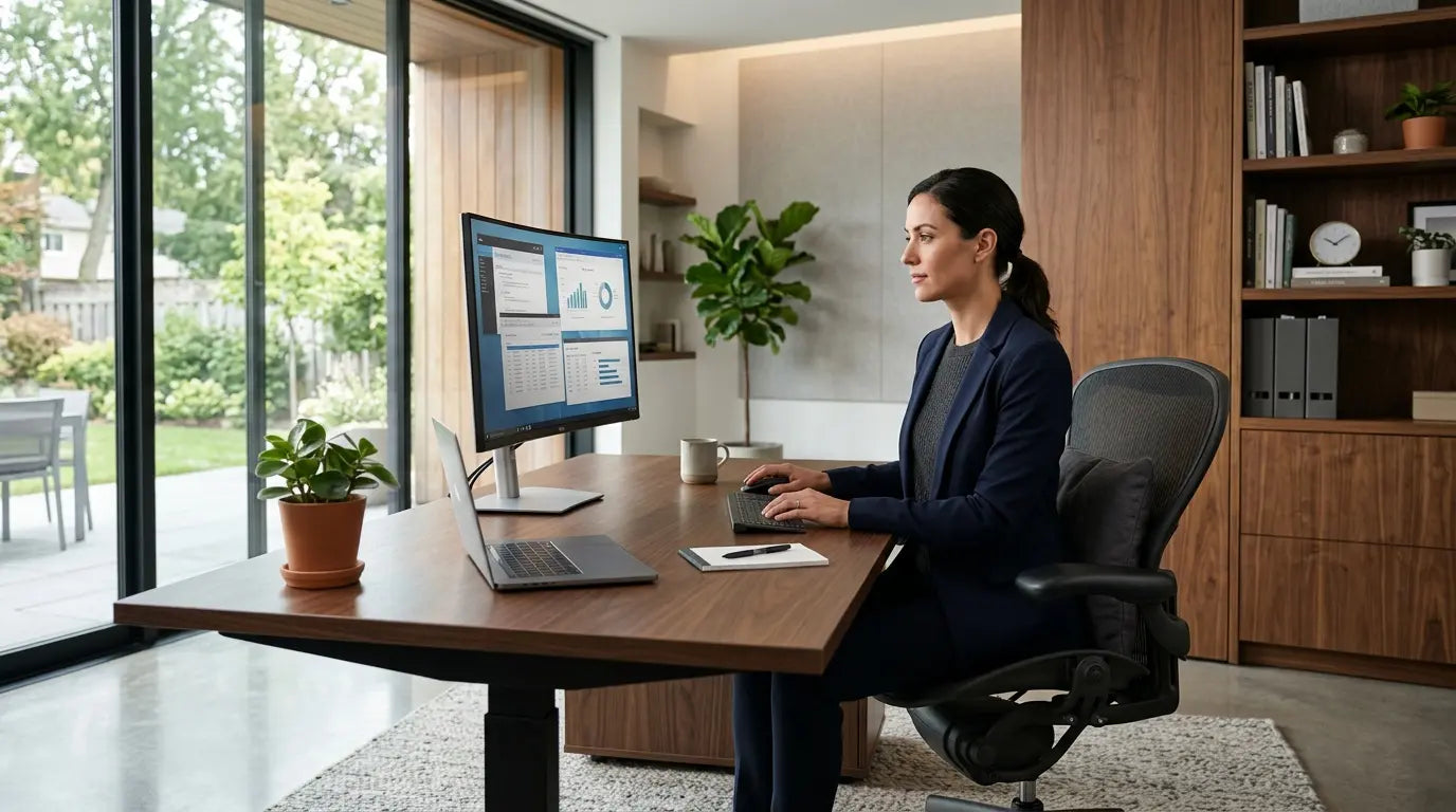 A professional experiencing tactile grounding and enhanced cognitive focus while working in a modern office equipped with a vibroacoustic therapy cushion.