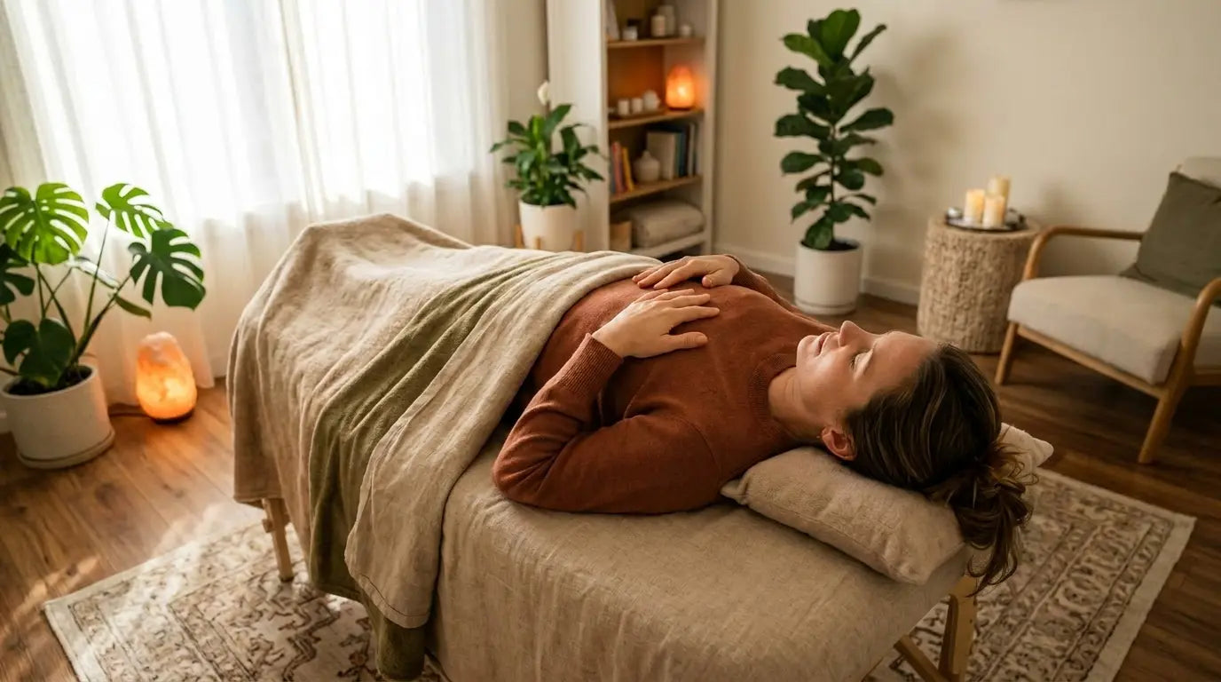 A person experiencing a deep release of physical tension and physiological grounding through tactile vibroacoustic therapy.