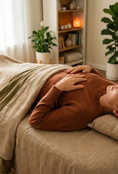 A person experiencing a deep release of physical tension and physiological grounding through tactile vibroacoustic therapy.