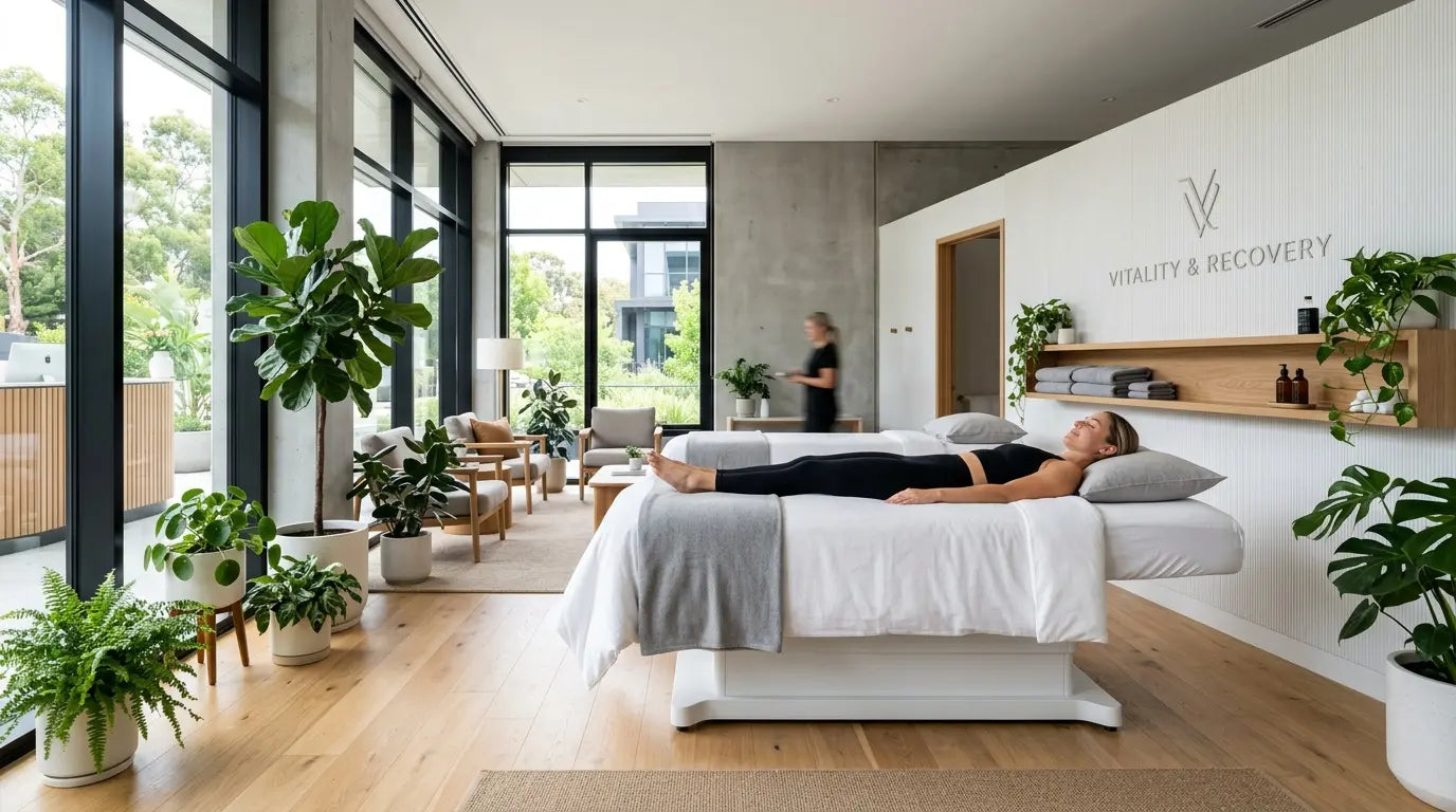 A person relaxing on a vibroacoustic therapy bed in a sunlit wellness clinic, supporting cellular vitality and physical circulation