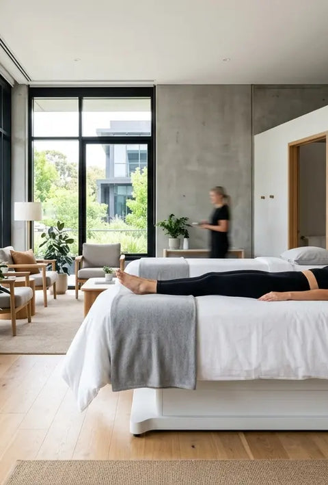 A person relaxing on a vibroacoustic therapy bed in a sunlit wellness clinic, supporting cellular vitality and physical circulation