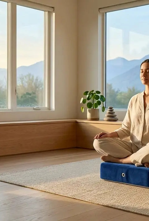 A person maintaining physical stillness and somatic presence during a mindfulness practice using a vibroacoustic therapy mat in a sunlit room.
