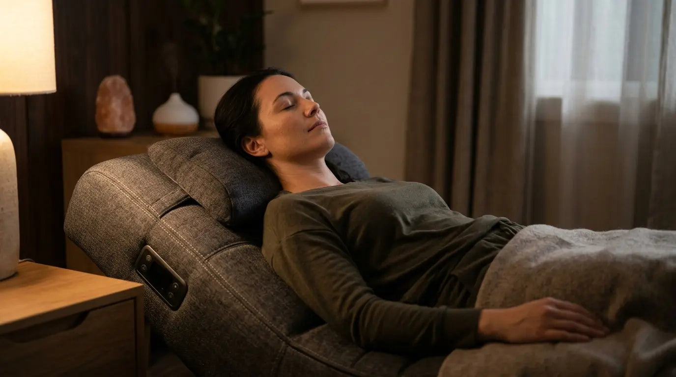 Close-up of a person experiencing deep physical relaxation and preparing for sleep using a vibroacoustic therapy lounger