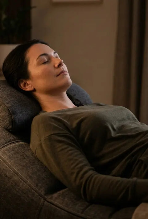 Close-up of a person experiencing deep physical relaxation and preparing for sleep using a vibroacoustic therapy lounger