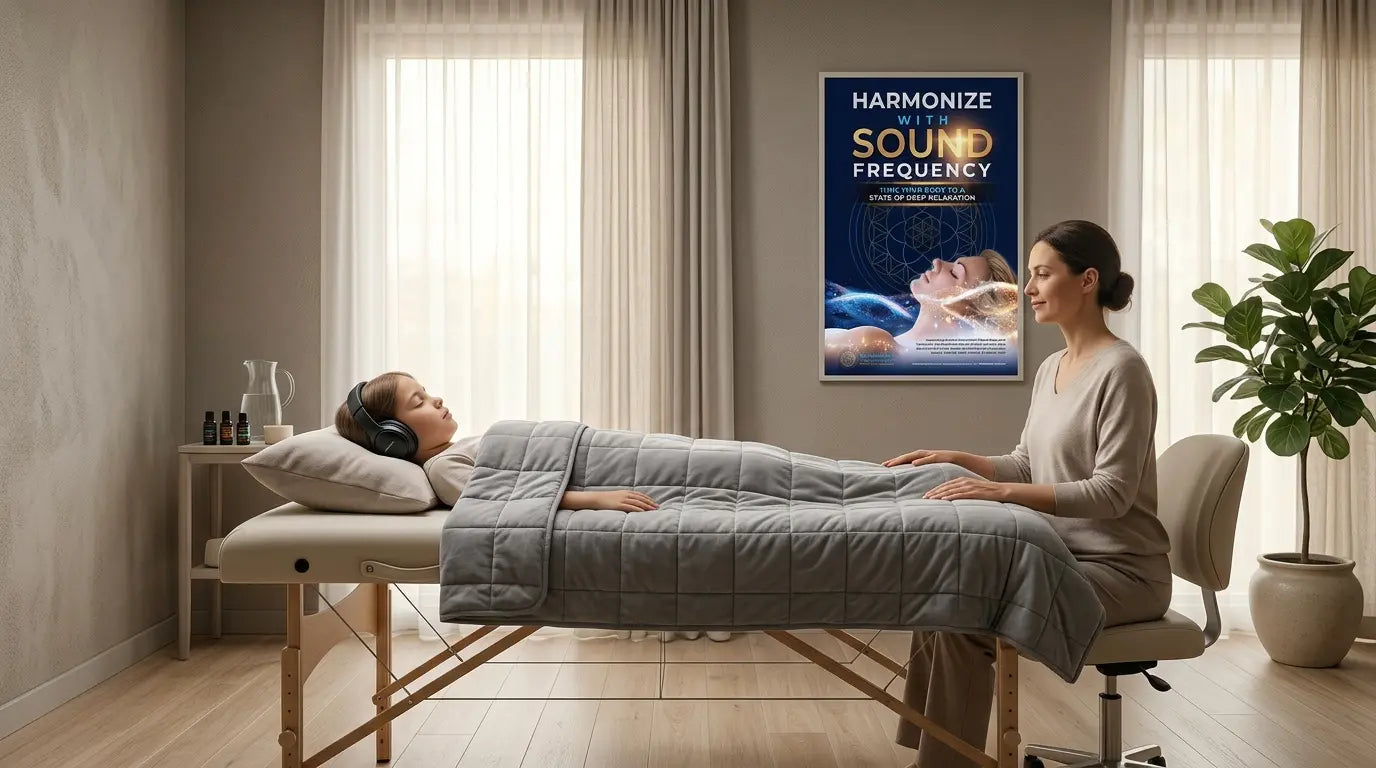 A child relaxing under a weighted blanket with headphones on a vibroacoustic massage table, observed by a caring adult in a calming wellness room.