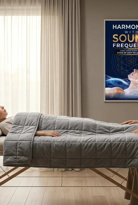 A child relaxing under a weighted blanket with headphones on a vibroacoustic massage table, observed by a caring adult in a calming wellness room.