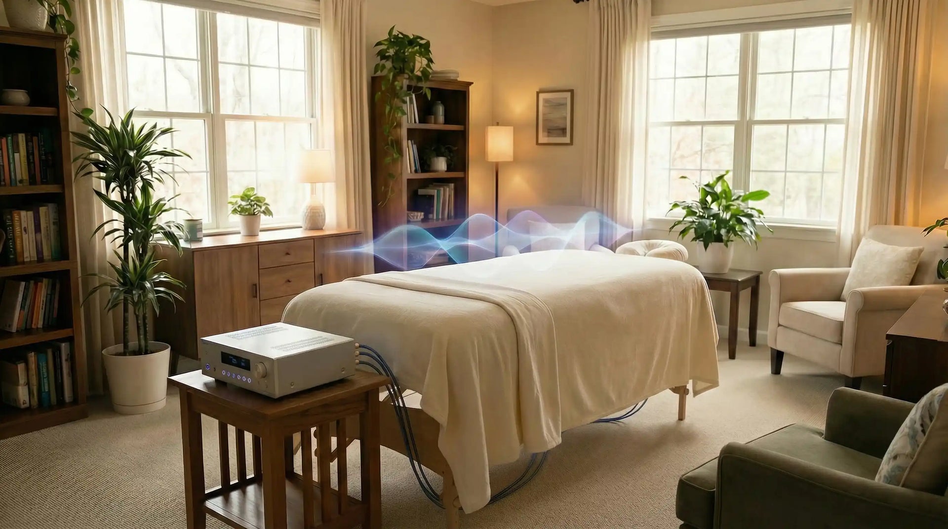 A serene wellness room featuring a professional massage table upgraded with vibroacoustic equipment and sound healing accessories.