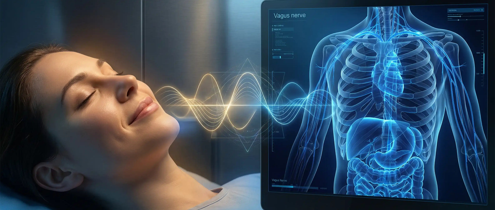 Split-screen visual representing somatic solutions, showing a deeply relaxed person next to a glowing 3D anatomical render of the vagus nerve, connected by vibroacoustic frequency waves.