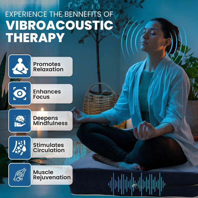 Person experiencing deep relaxation using the vibroacoustic therapy meditation cushion for stress relief and mindfulness.