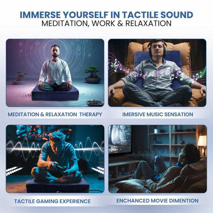 Vibroacoustic therapy meditation cushion in a peaceful home setting, promoting relaxation and sound healing.