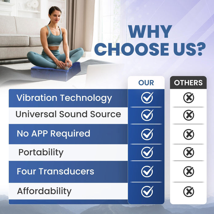 Vibroacoustic therapy meditation cushion in a peaceful home setting, promoting relaxation and sound healing.