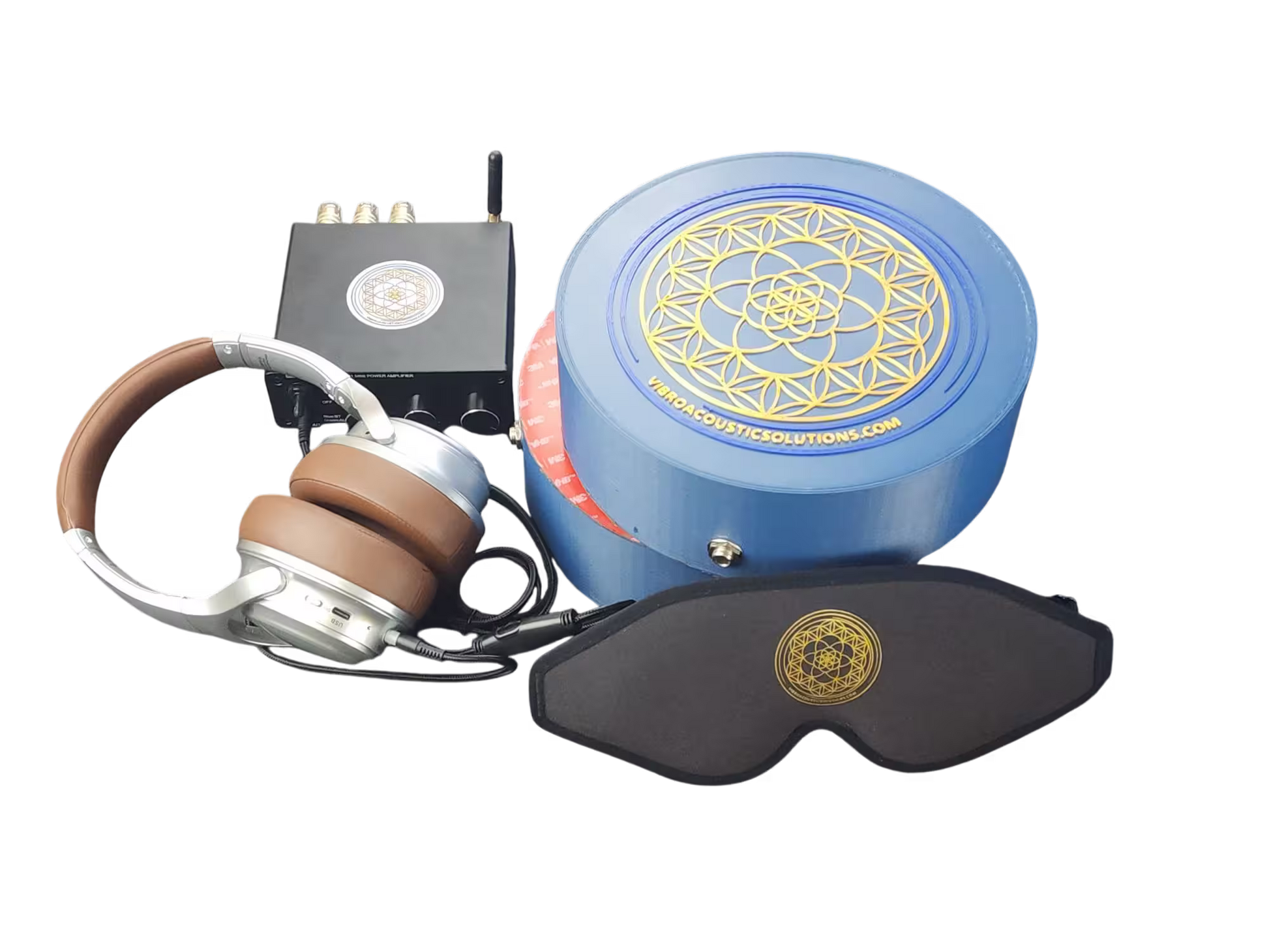 Vibroacoustic Solutions - vibroacoustic therapy equipment including a vibroacoustic therapy device, headphones, and a sleep mask, showcasing innovative wellness solutions for relaxation and therapeutic experiences.