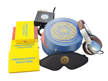 Vibroacoustic Solutions - vibroacoustic therapy equipment including a vibroacoustic therapy device, headphones, and a sleep mask, showcasing innovative wellness solutions for relaxation and therapeutic experiences.