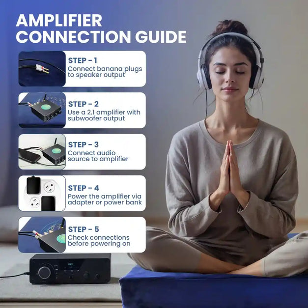 Woman wearing headphones with an amplifier connection guide how to use with vibroacoustic therapy cushion