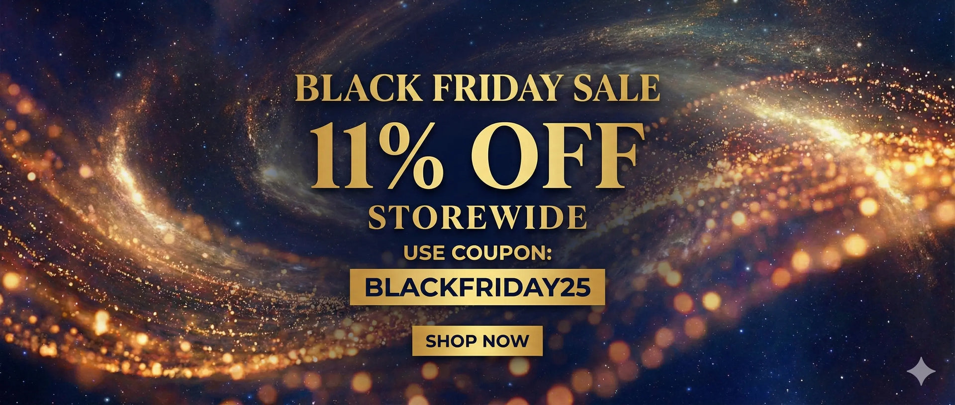 Black Friday sale banner with cosmic design and discount offer.