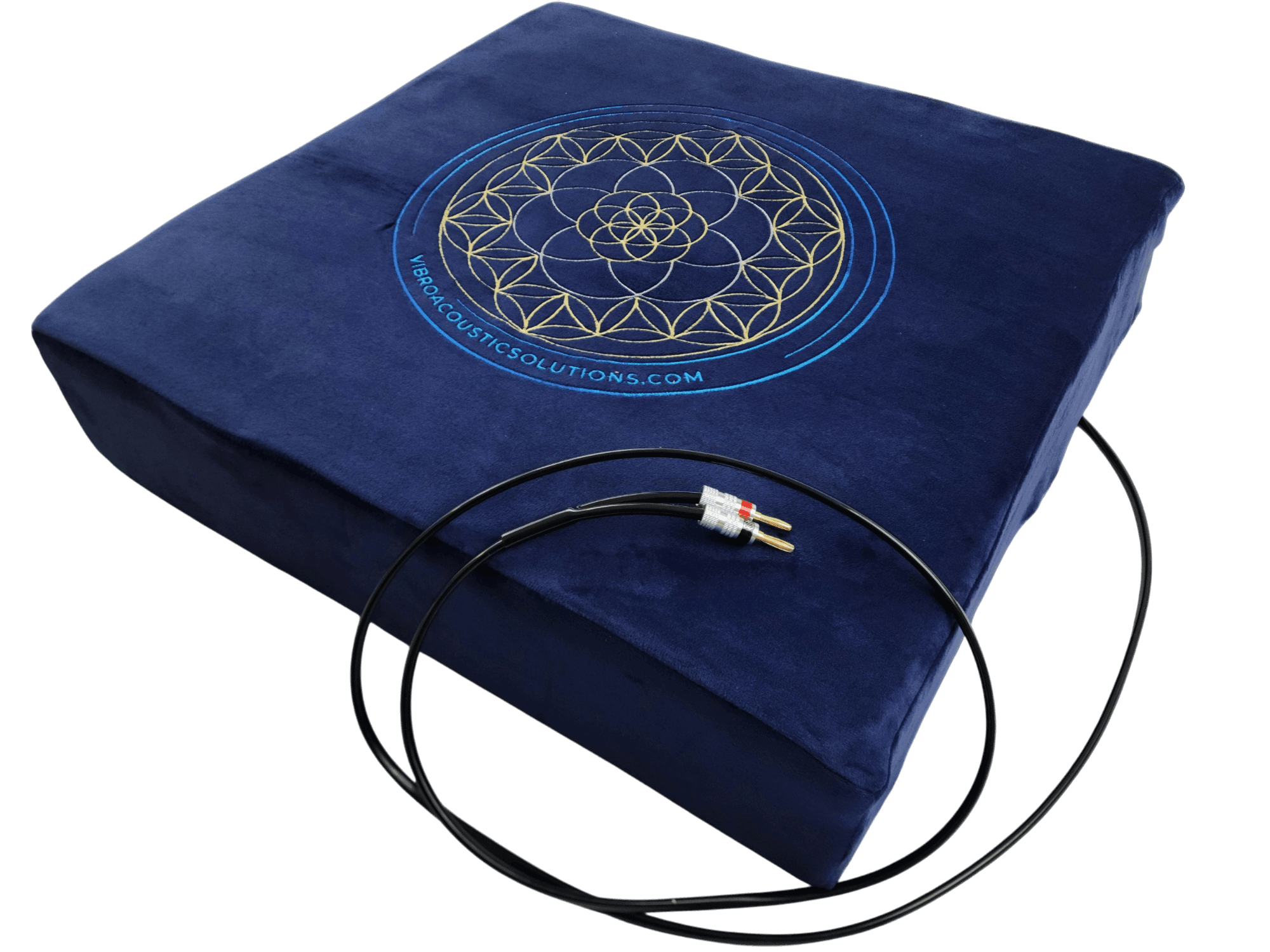 Navy blue vibroacoustic meditation cushion kit with quad transducers, for stress relief.