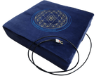 Navy blue vibroacoustic meditation cushion kit with quad transducers, for stress relief.
