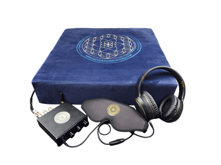 Complete Vibroacoustic Therapy Meditation Cushion bundle with amplifier, headphones, and eye mask for sound healing and deep relaxation