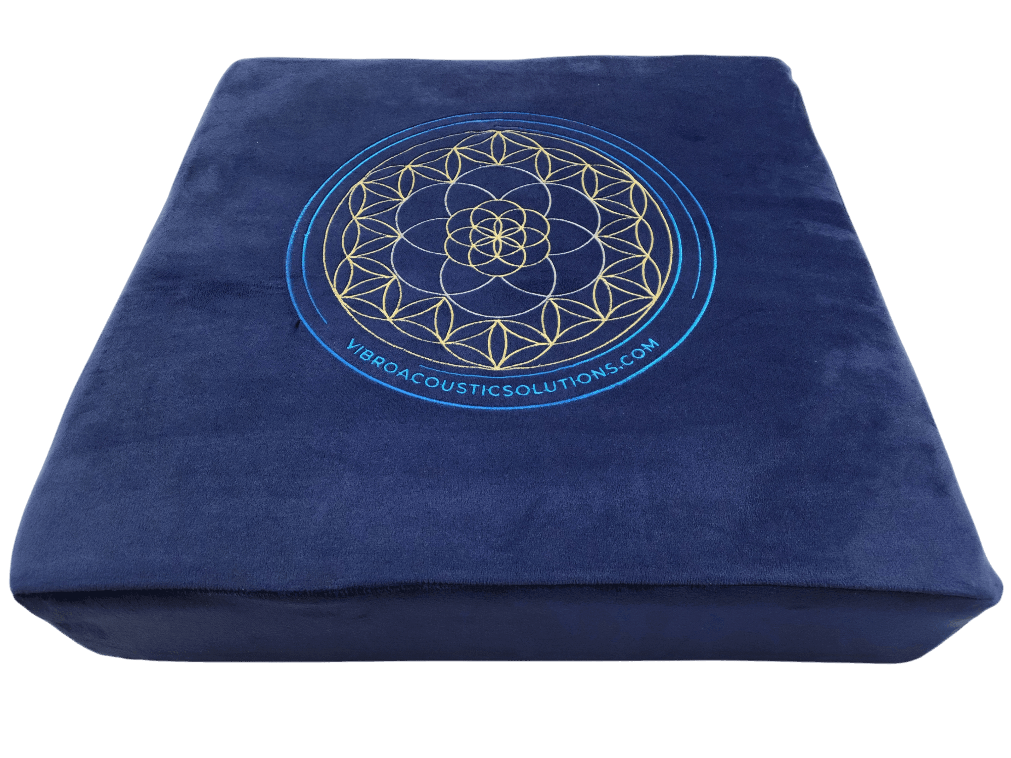 Close-up of large vibroacoustic therapy meditation cushion showcasing memory foam comfort and tactile transducer placement.