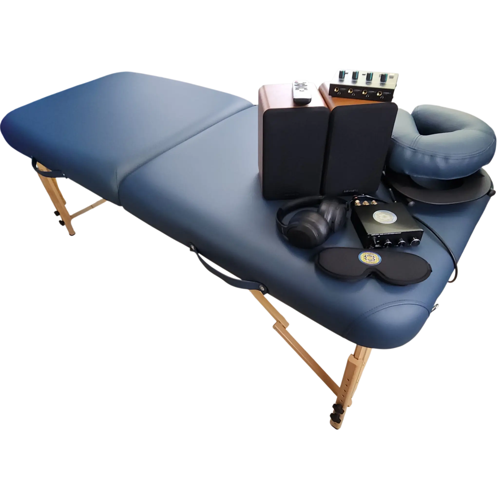 Vibroacoustic Bed: Deluxe Plus System for Vibroacoustic Therapy Bundle with Speakers, Headphones, Eye Mask, additional amplifier, headrest and pillow