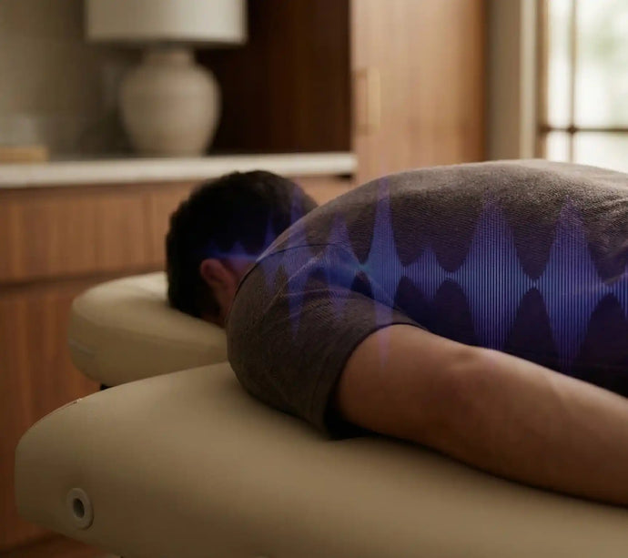 A conceptual photograph showing low-frequency sound waves visualizing as violet ripples passing through a person's body on a therapy table, illustrating the science of vibroacoustic resonance.