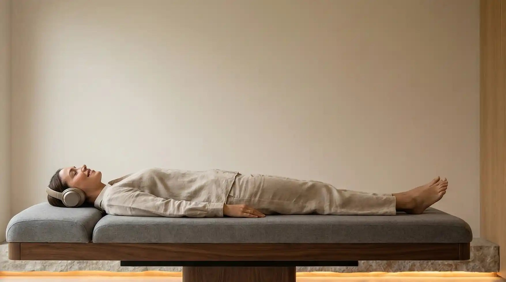 A client experiencing deep relaxation on a clinical-grade vibroacoustic massage table in a sunlit wellness center, with subtle glowing waves representing tactile sound therapy.