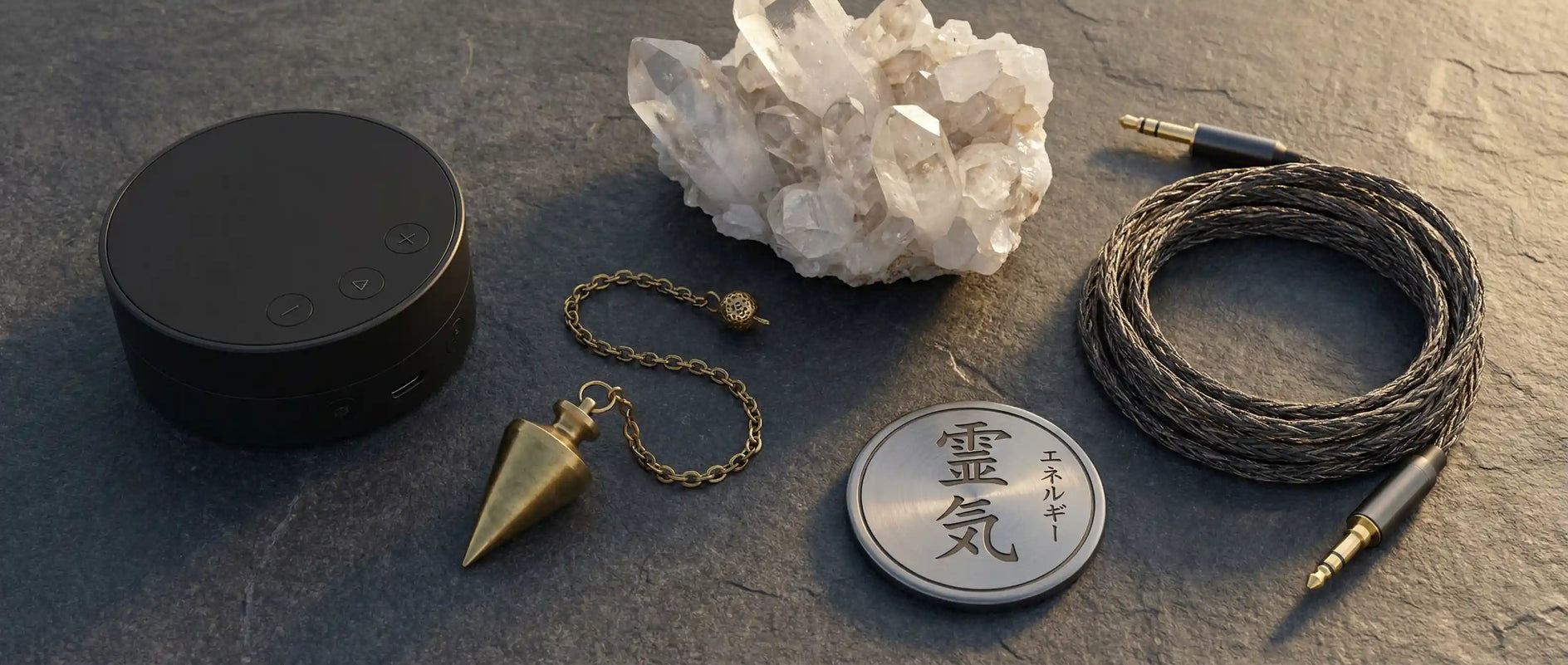 A close-up conceptual photograph of a vibroacoustic transducer, healing crystals, a hypnotherapy pendulum, and a Reiki symbol, representing Piotr's diverse background in sound, music, and energy healing.